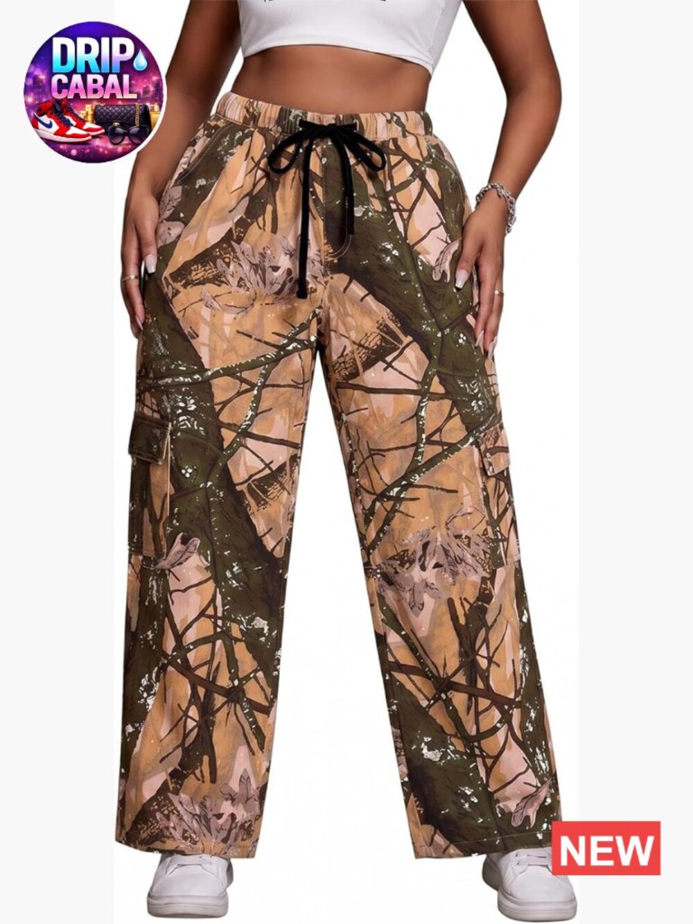 Plus Size Camo Cargo Pants Straight Leg Baggy Stretchy with 6 Pockets Cotton